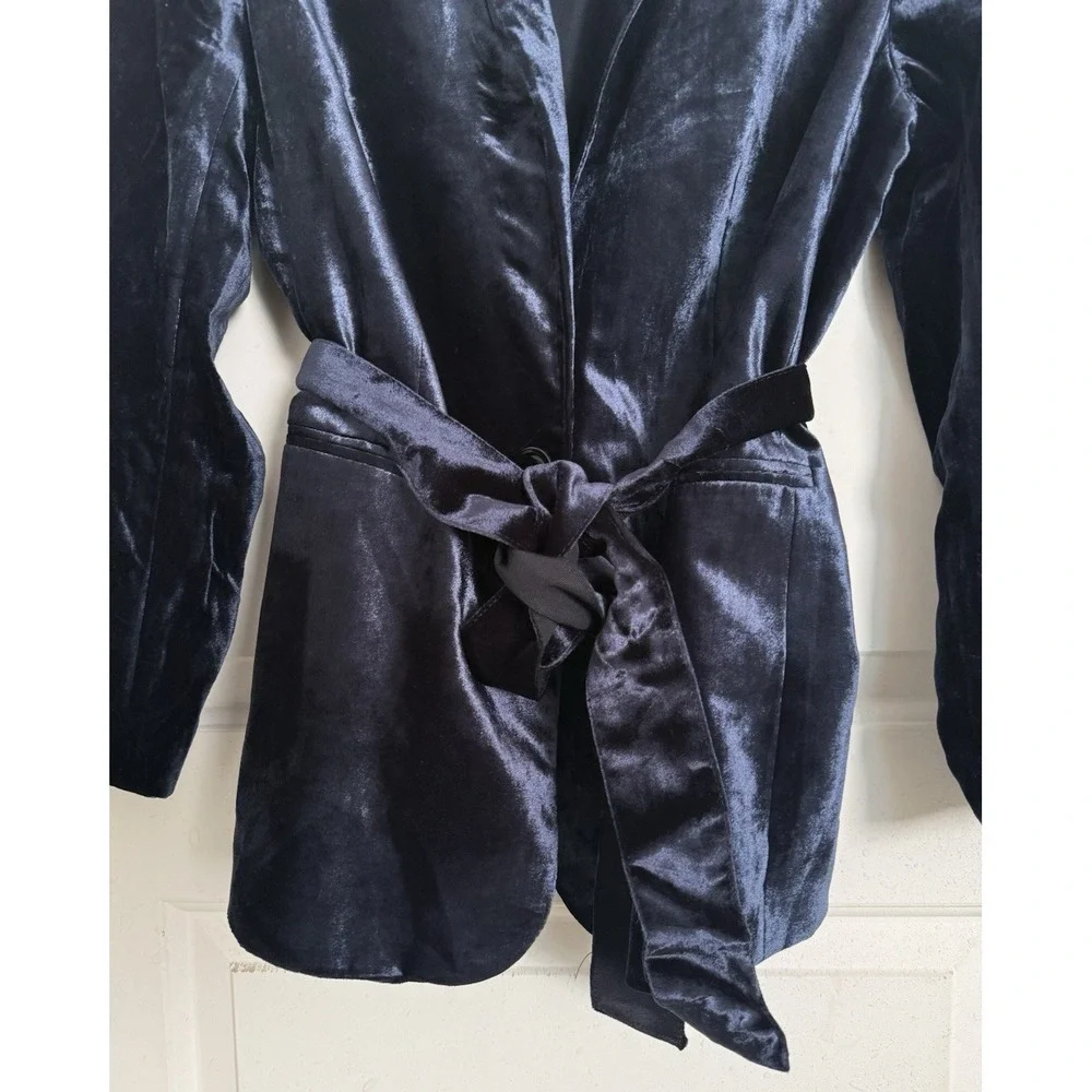 Ann Taylor Velvet Belted Blazer Jacket Coat Wrap Womens 14 Petite Dark Blue Navy